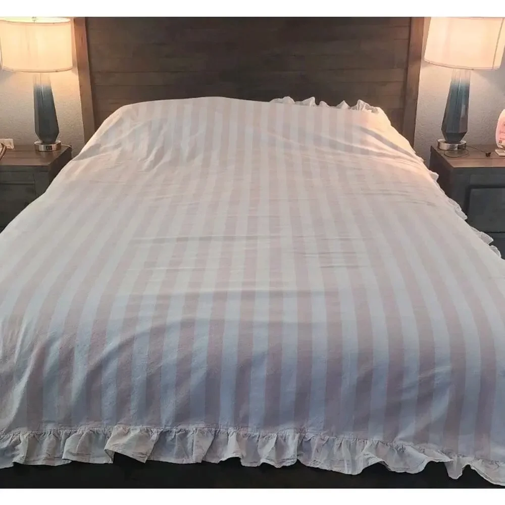 Pottery Barn Cabana Stripe Ruffle Pink White Cotton Twin Duvet Cottage Shabby
